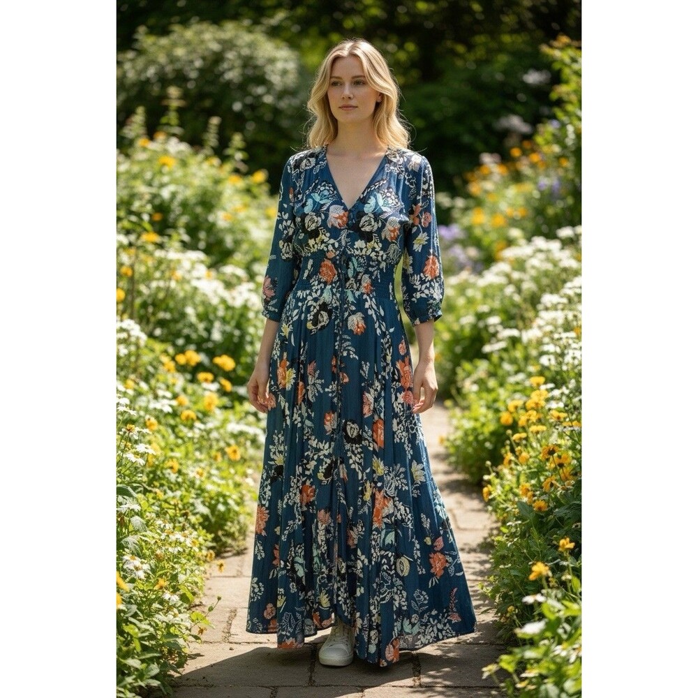 Jaase Ziah Indiana Boho Floral Maxi Dress Small Empire Waist Tassel Tie S
